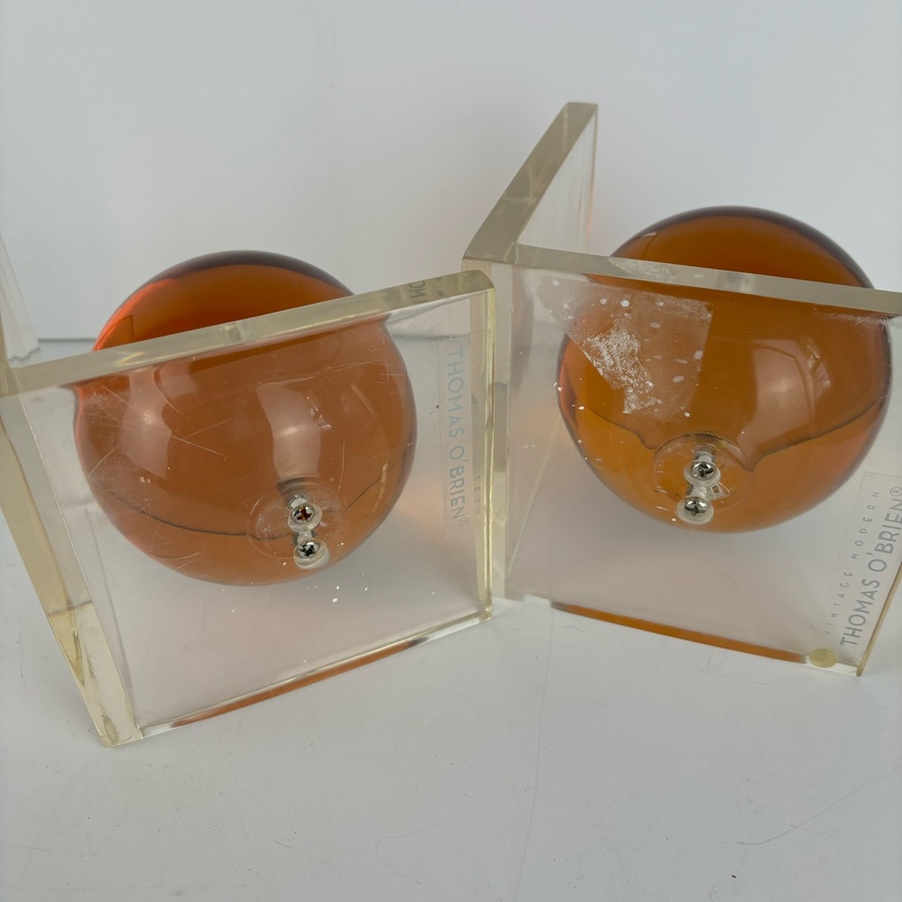 Vintage Modern Thomas O’Brian-Amber Lucite Sphere Bookends - Pair - Picture 11 of 15